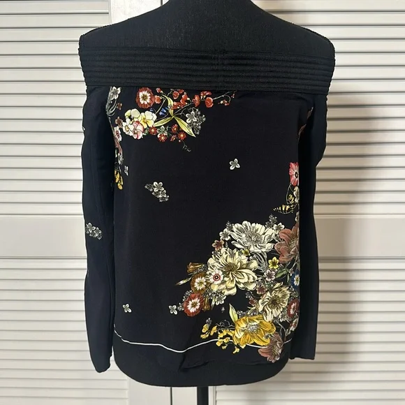 Zara Long Sleeve Flared Sleeve Floral Top – Black with Multi-Color Floral Design - Picture 5 of 8